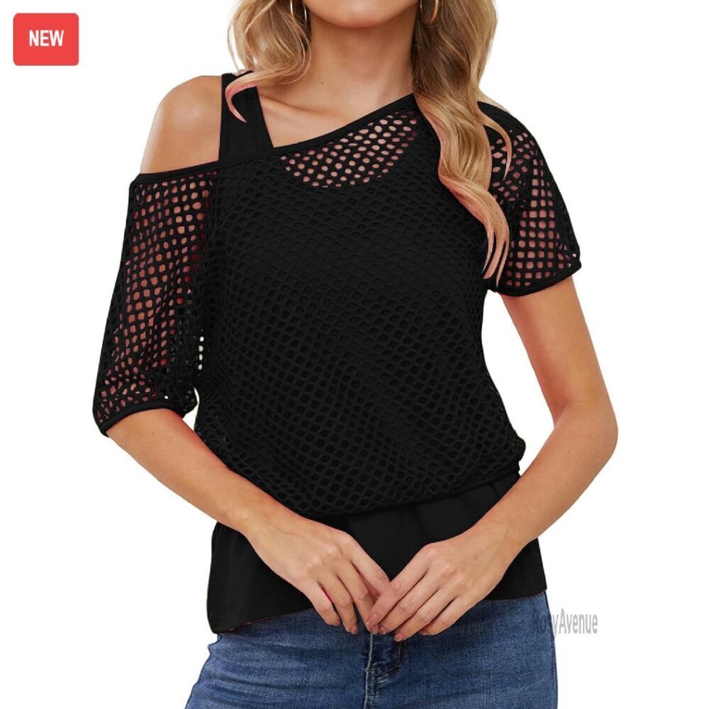 80s 90s Off Shoulder Fishnet Top Two Piece Set 60% Cotton 35% Polyester 5%